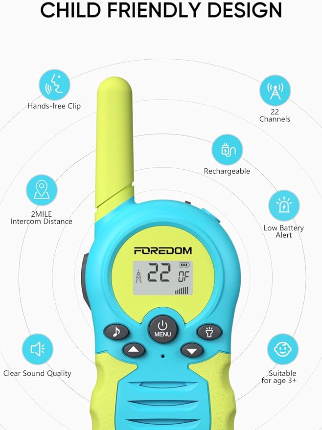 FOREDOM Rechargeable Walkie Talkies for Kids Walkie Talkies Long Range for Boy & Girl Age 3 Years and Above Birthday Toys - 2 Pack