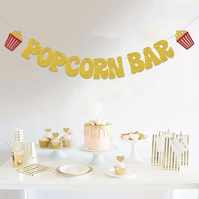 Popcorn Bar Banner - Movie Birthday Party Decoration - Funny Popcorn Birthday Bachelorette Party Decoration Gold Glitter