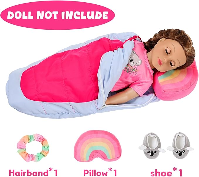 K.T. Fancy American Girl Doll Clothes for 18 Inch Dolls Accessories - Pink Outdoor Dress, Top, Pants, Shoes, Hairband, Rainbow Pillow, Outdoor Space Sleeping Bag (No Doll)