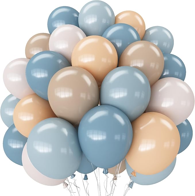 Dusty Blue Neutral Balloons, 12Inch Retro Blue Boho Apricot Latex Balloons, Double Stuffed Nude White Party Balloon for Boho Baby Shower Boys Birthday Wedding Bear Theme Newborn Welcome Party Decor