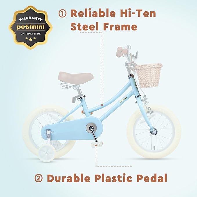 Petimini Vintage Kids Bike for Girls, 12–20 Inch Classic Bicycle with Wicker Basket & Bell, High Tensile Steel Frame, Training Wheels (12–18”), 85% Pre-Assembled, Retro Bike for Outdoor Riding