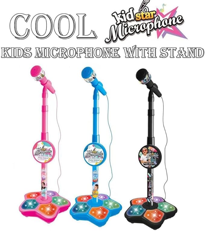 Kids Microphone with Stand,Karaoke Machine Kid,Microphone with Flashing Stage Lights Adjustable Stand Gift for Age 3+ Years Old Children,Musical Toy for Fun Sound Effects, for Children (Black)
