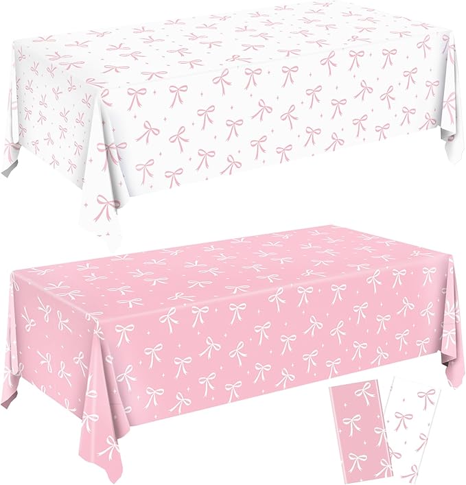 Bow Birthday Decorations, 2PCs Pink-bow Tablecloths Plastic Tablecloth Ideal Table Cover for Bow Themed Party Decorations Themed Parties Girls’ Parties Coquette Birthday Decoration, 54x108Inch