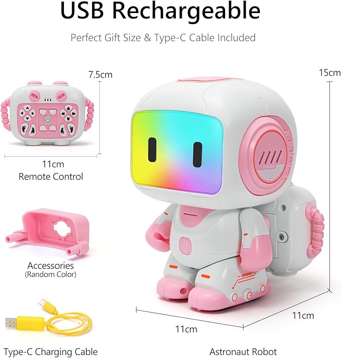 GILOBABY Programmable RC Robot Toy for Girls, Rechargeable STEM Astronaut w/LED Face, Voice Recording, Dancing, Remote Jetpack, Gift for 4 5 6 7 8 Year Old Kids（Pink）