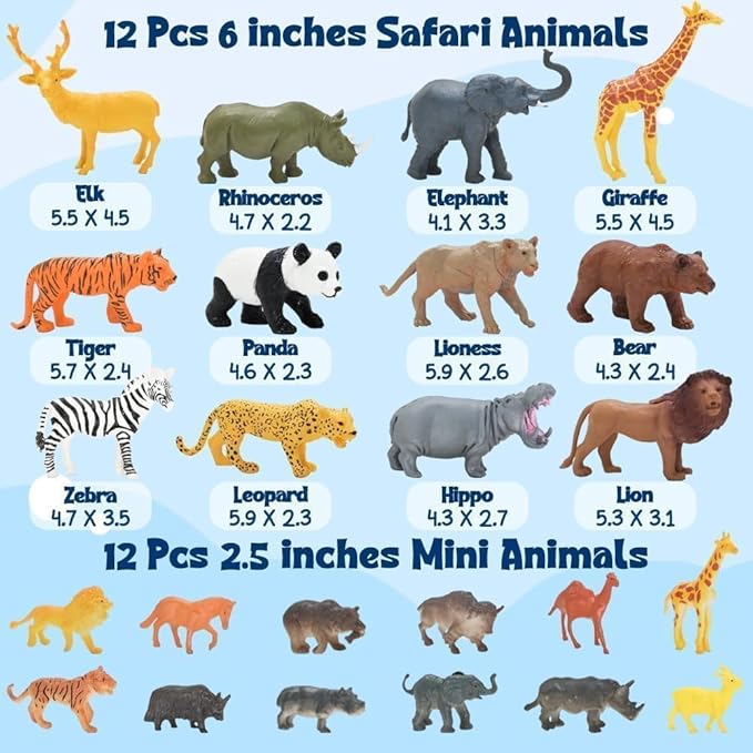 24Pcs Safari & Zoo Animals Figures, Realistic Plastic Animal Toys Set for Kids 1 2 3, Educational Jungle Animals Figures Playset, Party Supplies Birthday Gifts for Toddlers Boys Girls