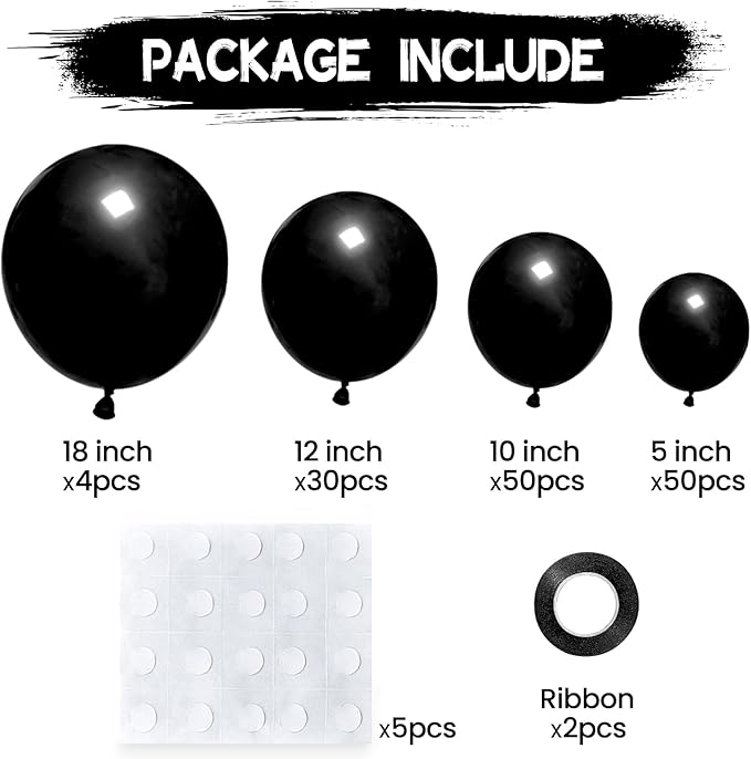 134Pcs Black Balloons Different Sizes 5 10 12 18 Inch Black Balloon Garland Arch Kit, Latex Balloons for Birthday Wedding Baby Shower Party Decorations.