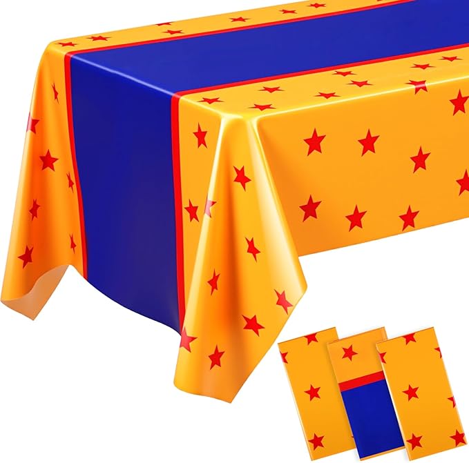 Oudain 3 Pcs Anime Theme Tablecloth 108 x 54 Inches Cartoon Table Covers Yellow Blue and Red Stars Print Table Cloth for Birthday Party Decoration
