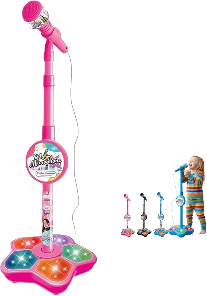Kids Microphone with Stand,Karaoke Machine Kid,Microphone with Flashing Stage Lights Adjustable Stand Gift for Age 3+ Years Old Children,Musical Toy for Fun Sound Effects, for Children (Pink)