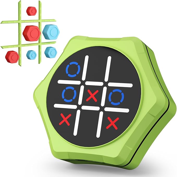 Tic Tac Toe Bolt Game,5-in-1 Handheld Puzzle Games Console,Electronic Tic Tac Toe Game for Educational&Memory,Portable Travel Games for Car Ride with Silent Mode,Toys Gift Idea for Kids & Family-Green
