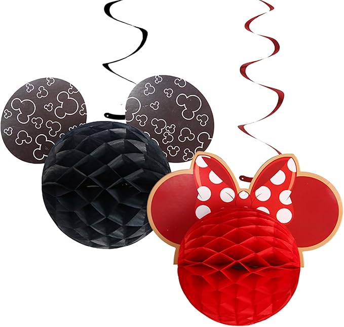 2 Pieces Micky Themed Birthday Decorations, Cartoon Honeycomb Balls with Hanging Swirls , Birthday Party Supplies Black and Red Table Decor for Kids, Women, Adults