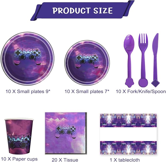 81Pcs Purple Games Party Tableware Set Games Party Decoration Purple Games Birthday Party Supplies