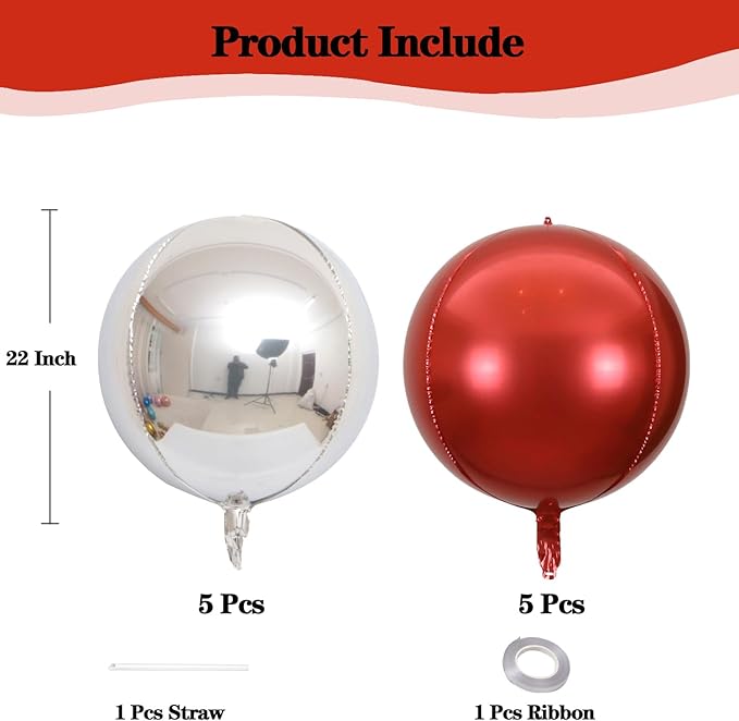 KALOR 22 Inch Red and Silver Foil Balloons, 10 Pcs Large 4D Giant Round Metallic Foil Balloon for Birthday Party Baby Shower Graduation Party Decorations