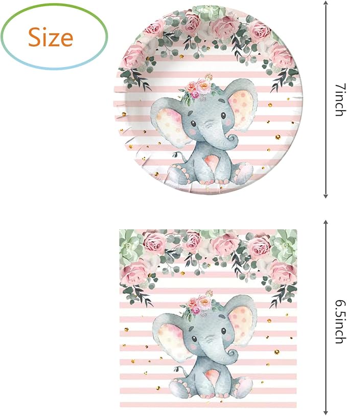 Elephant Baby Shower, Pink Elephant Birthday Party Supplies, 20 Plates and 20 Napkins, Elephant Theme Birthday Party Decoration for Girl