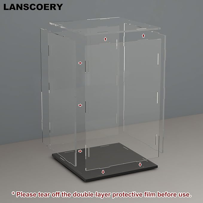 LANSCOERY Acrylic Display Case, Assemble Showcase Display Box for Collectibles, with Dustproof & Seamless Display Design, 11.8x11.8x13.8inch Black Base