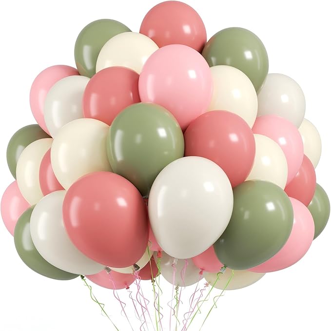 FunHot Sage Green Pink Balloons, 50 Pcs Pink and Green Balloon, 12 Inch Light Yellow Ivory Latex Balloons for Girls Baby Shower Birthday Boho Wedding Gender Reveal Jungle Spring Party Decorations