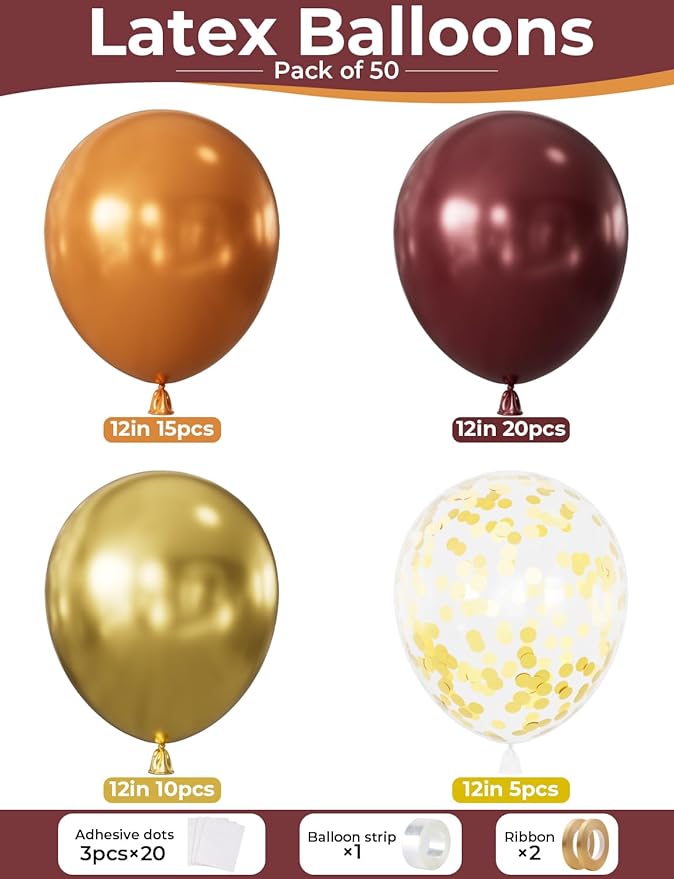 Fall Balloons Thanksgiving Party Balloons - 12 Inch Fall Color Balloon Burgundy Orange Metallic Gold Confetti Balloon for Autumn Little Pumpkin Baby Shower Harvest Thanksgiving Party Decoration