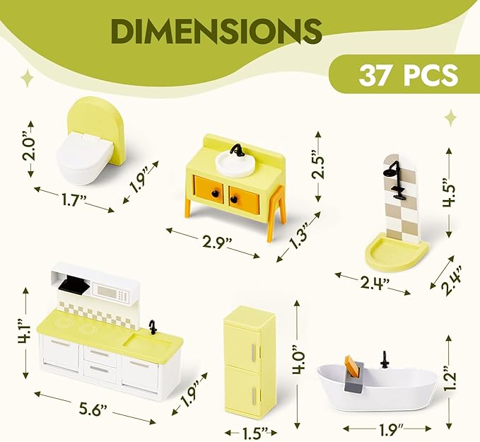 Giant bean 37pcs Green Wooden Plastic Dollhouse Furniture Kitchen and Bathroom Set, Modern Wood Dollhouse Accessories Pretend Play Furniture Christmas Toys for Boys Girls Toddlers & Kids 3+