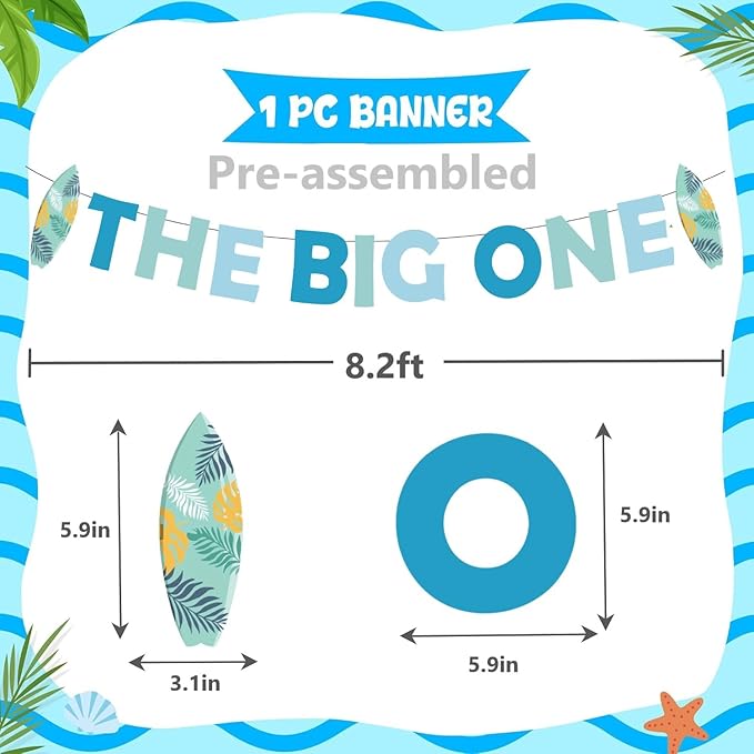 The Big One Theme Banner Boy 1st Birthday Party Decorations,Surf First Birthday Party Decor Supplies for 1 Year Old Boy