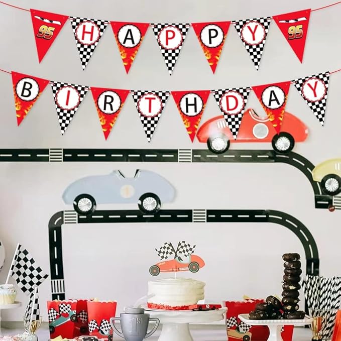 Race Car Happy Birthday Banner - Racing Themed Party Sign, Checkered Flag Decorations