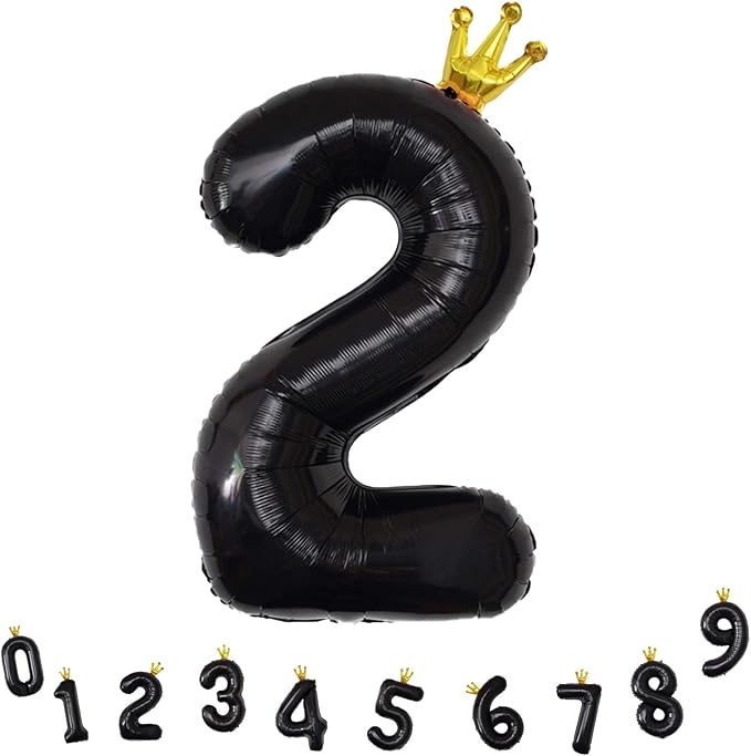 40 Inch 2nd Birthday Balloon Number, Crown Black Foil Giant Number Balloons 0-9 Set, Self Inflating Balloons for Kids Girls Boys 20th Birthday Party Decor Anniversary Party Decoration Supplies