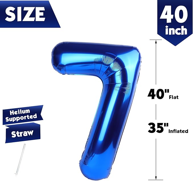 40 Inch Metallic Blue Number 7 Balloon, Giant 7 Number Balloons for 7th Birthday Decorations, Party Supplies for Baby Boy Girl, Metallic Blue Party Decor