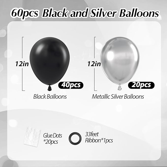 Black and Silver Balloons, 60pcs 12inch Black Metallic Silver Balloons for Graduation 2025 Birthday Party Decorations