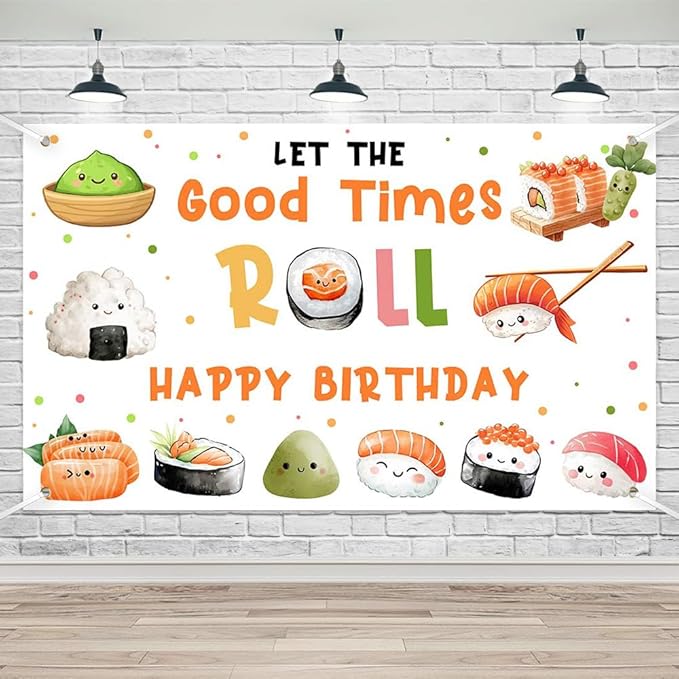 Lofaris Sushi Happy Birthday Banner for Kids – 70.8 x 43.3 Inch Kawaii Sushi Party Supplies, Japanese Themed Decorations for Kids’ Birthday Party, Asian Rice Roll & Sushi Go Party Décor