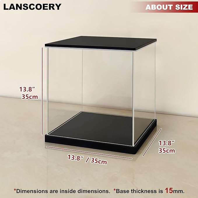 LANSCOERY Acrylic Display Case with Adjustable Yellow/White/Warm LED Light, UV Protection Clear Display Box, Dustproof Showcase for Action Figures, Models, Collectibles - 13.8x13.8x13.8inch