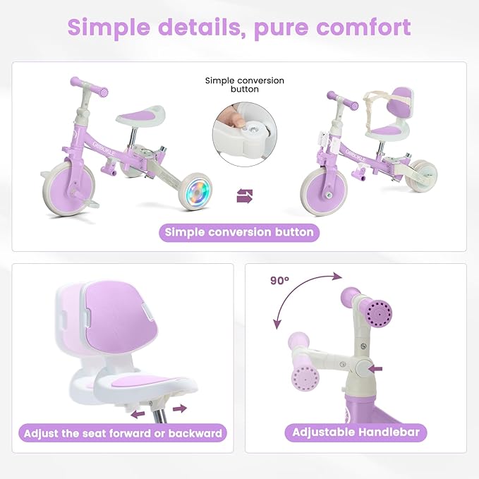 5-in-1 Tricycle for Toddlers 1-3, Convertible Toddler Bike with Push Handle & Removable Pedals, Balance Bike with Colorful Lighting Wheels, Adjustable Seat Height with Backrest (Purple)