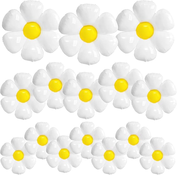 BTZO 16 Pcs Daisy Balloons, White Aluminum Foil Balloons for Birthday, Baby Shower, Wedding, Anniversary, Groovy Flower Theme Retro Hippie Party Decorations