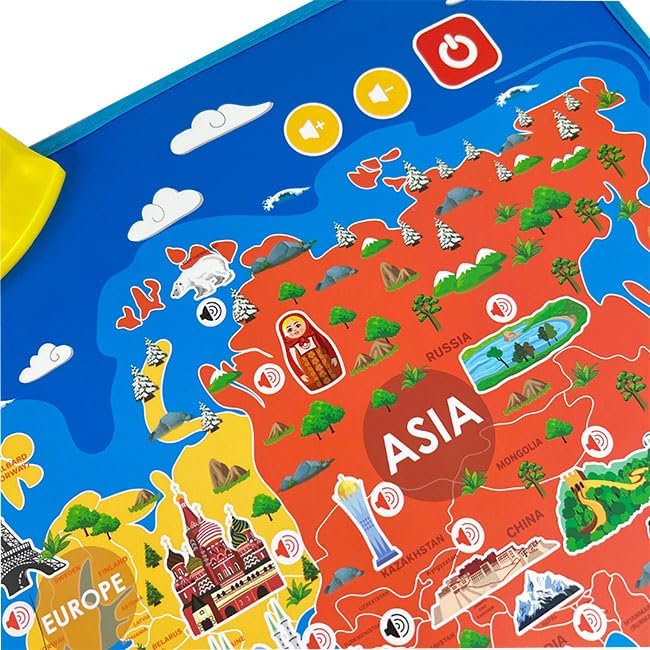Educational Talking Wall Chart English World Map for Kids Interactive Music Poster with Words Animals Landmarks Montessori Learning Toy Gifts for Toddlers Preschoolers 2-4