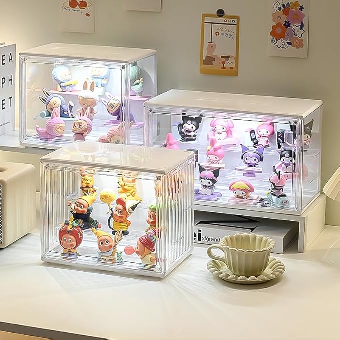 Clear Acrylic Display Case for Figures, Dustproof Figurine Storage Box with LED Lighting, Collectibles Showcase Cabinet for Anime Toys & Miniatures, Stackable Organizer for Desk & Room Decor