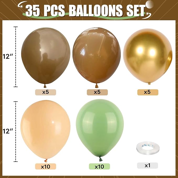 Sage Green and Brown Balloons, 12 Inch Olive Green Brown and Gold Jungle Safari Balloons for Baby Shower Camo Army Woodland Forest Hunting Wild One Birthday Party Decorations