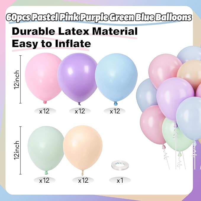 Pastel Balloons Pastel Pink Blue Purple Balloons for Groovy Rainbow Birthday Party Decorations Colorful Balloon 60PCS 12INCH Green Nude Assorted Colors Helium Latex Balloon for Arch