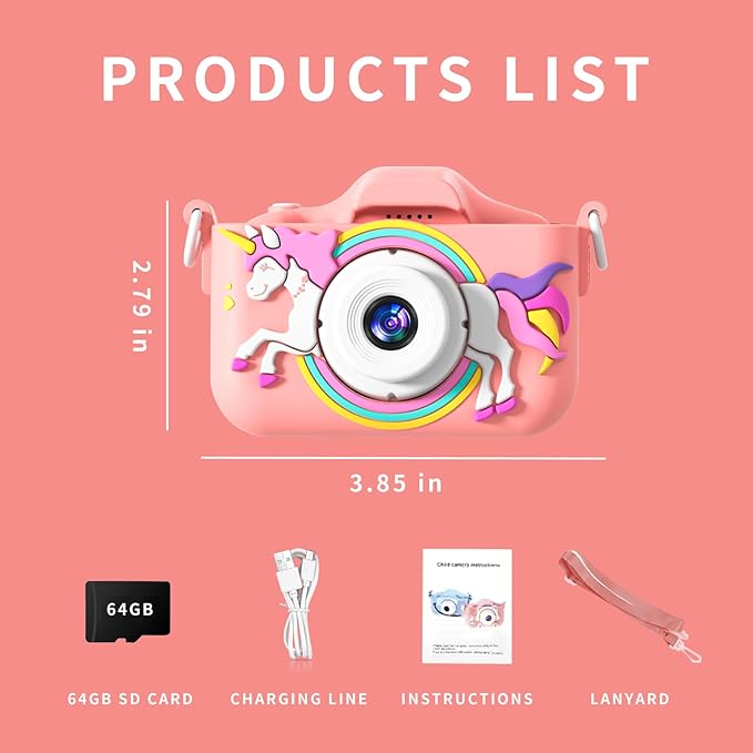 Kids Camera, Rainbow Design, 2.0 Inch LCD Screen, with 64GB Memory Card, Girls Toy