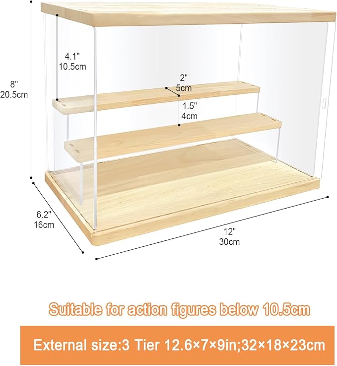 Clear Acrylic Display Case with Light , 3 Tier Display Box Stand Assembly Dustproof Protection Showcase for Collectibles Action Figures (12.6×7×9in; 32×18×23cm)