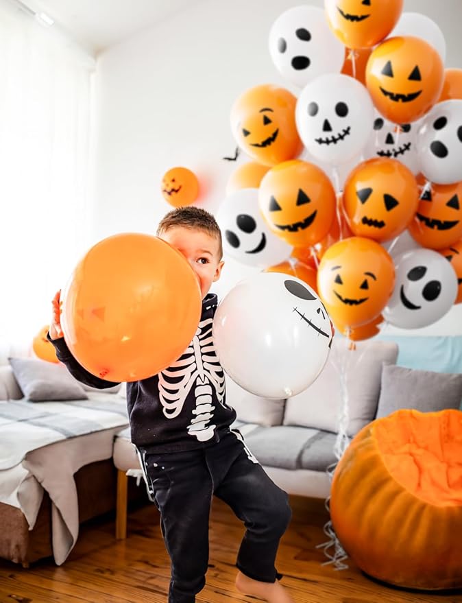 Halloween Balloons - 60Pcs Ghost Balloons Scary Pumpkin Balloon 12 Inches Orange and White Latex Balloon 6 Styles for Halloween Birthday Spooky Theme Party Decorations