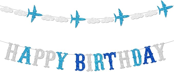 Zwiebeco Blue White Silver Happy Birthday Banner Sign Airplane Clouds Theme Hanging Paper Party Decorations for Babys Kids Boys Girls Children's Accessories Supplies