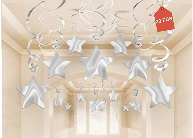 Party Swirl Decorations, Hanging Swirl for Ceiling Decorations, Silver with Star, Pack of 30