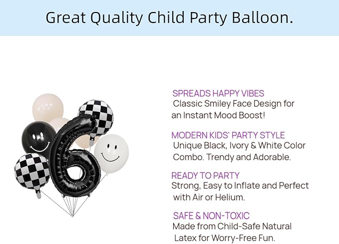 Birthday Party Balloon Set with Checkered and Smiley Face Design, 8-Piece Black and White Balloon Pack with Number 6 Foil Balloon for Kids Celebrations
