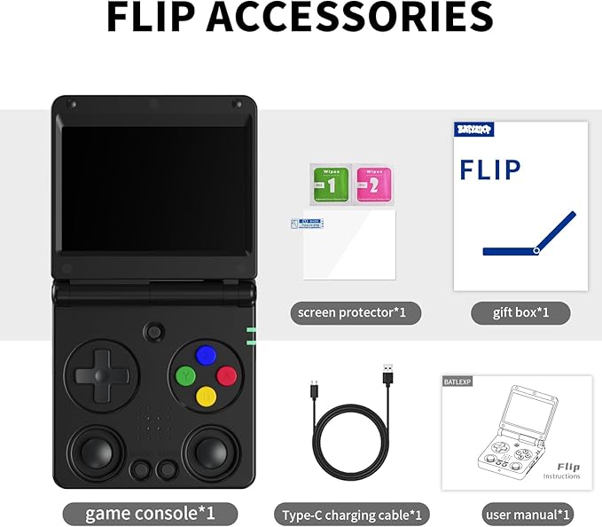 Doriteney Flip Retro Handeld Video Game Console 3.4" IPS Screen 64GB TF Card Preload Electronic Games, Support WiFi Bluetooth HD Black Flip