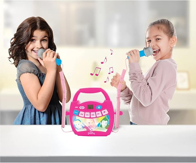 LEXiBOOK – Disney Princess - Portable Karaoke Digital Player for Kids – Microphones, Light Effects, Bluetooth, Record and Voice Changer Functions, Rechargeable Battery, Pink, MP320DPZ