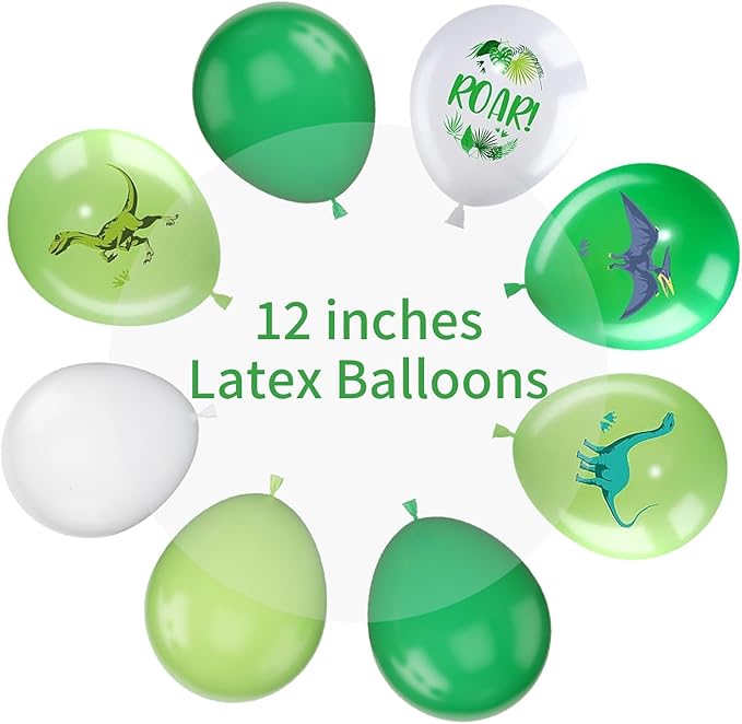 Dinosaur Balloons, 12 Inch Dino Printed Balloons Green White Lime Green Latex Balloons for Birthday Party Jungle Dinosaur Themed Decoration for Boys Birthday Party Baby Shower Supplies