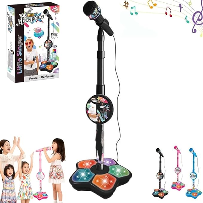 The All-in-One Microphone Toy That Makes Every Day a Concert, 2026 New Karaoke Microphone Toy with Adjustable Stand and LED Lights, Christmas Birthday Gifts for Little Singers(Black)