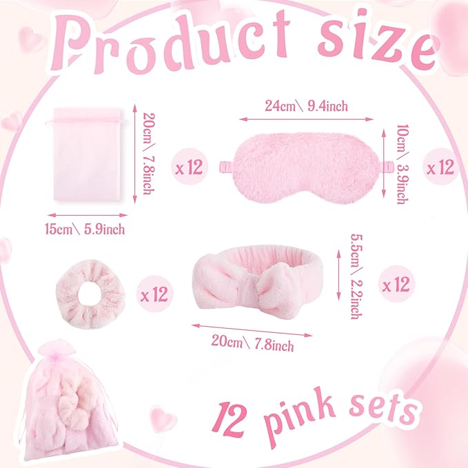 72 Pcs Sleepover Party Supplies for Girl Spa Slumber Birthday Favors Throw Blanket Pillow Eye Mask Headband Scrunchies (Solid Color,Pink)