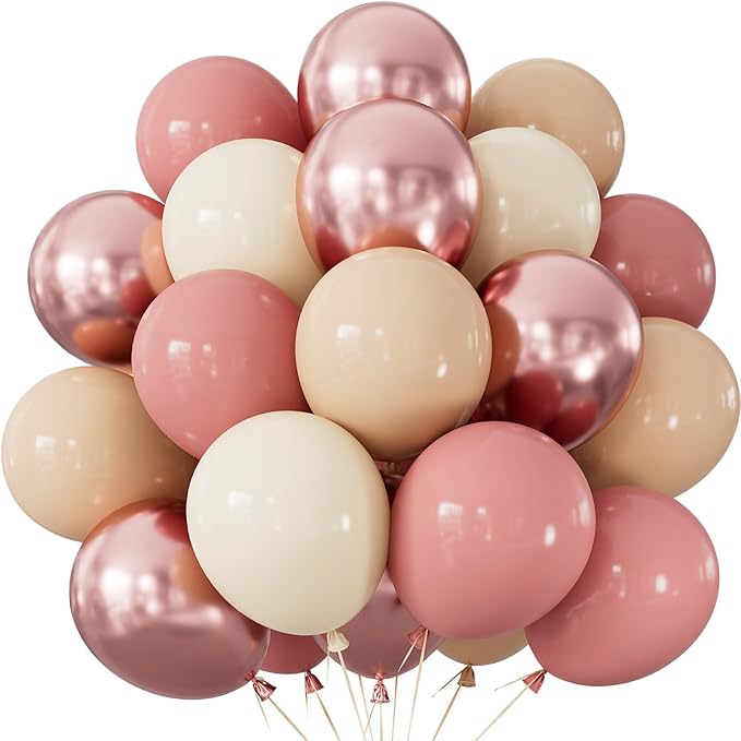 Retro Blush Pink Balloons, 60 Pcs 12 Inch Dusty Pink Metallic Chrome Rose Gold Beige Ivory White for Wedding, Baby Shower, Birthday, Bridal Shower, Boho Party Decorations