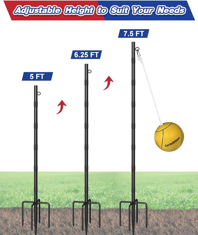 Garbuildman Tetherball Set with Ball & Rope for Outdoor Backyard, Adjustable Tether Ball Pole with 5-Prong Base & Rubber Sleeve for Playground, Outside Ball Games Sports for Kids, Adults