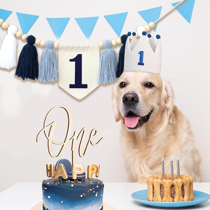 Baby Boy Blue White 1st Birthday Highchair Banner Wood Bead Tassel Garland Crown Hat Wooden Cake Topper Photo Backdrop