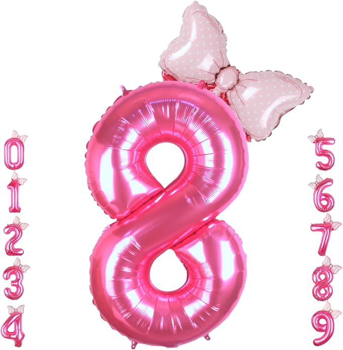 40 Inch Pink Number 8 Balloon with Mini Bow Balloon for Girls 8th Birthday Decorations, Pink Girl Princess Western Cowgirl Theme Birthday Party Balloons Decorations Supplies Favors
