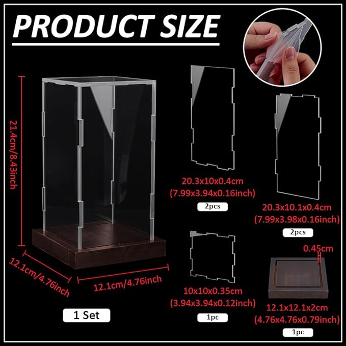 PH PandaHall Clear Acrylic Display Case for Collectibles, Crystal Display Box Dustproof Storage Box with Wooden Base for Collectibles Action Figures Home Office Decoration, 4.7x4.7x8.4 inch